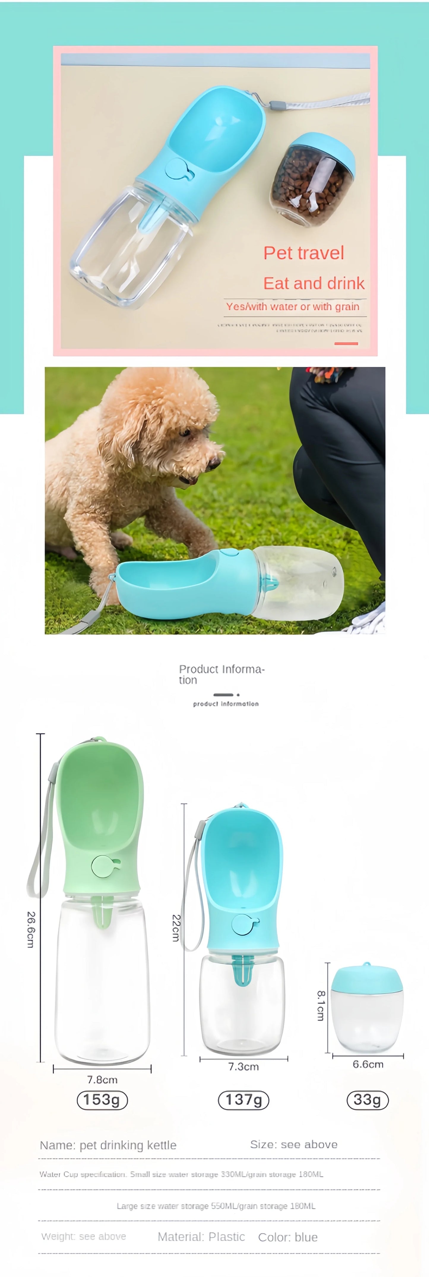 Portable Pet Water Bottle with Food Dispenser